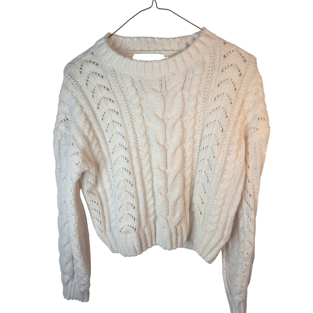 Pink Rose Womens White Cable Knit Chenille Cropped Sweater XS 4S27410